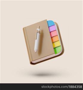 Brown Note book with colored labels and pen on pastel background. Simple 3d render illustration. Isolated object with soft shadows. Brown Note book with colored labels and pen on pastel background. Simple 3d render illustration.