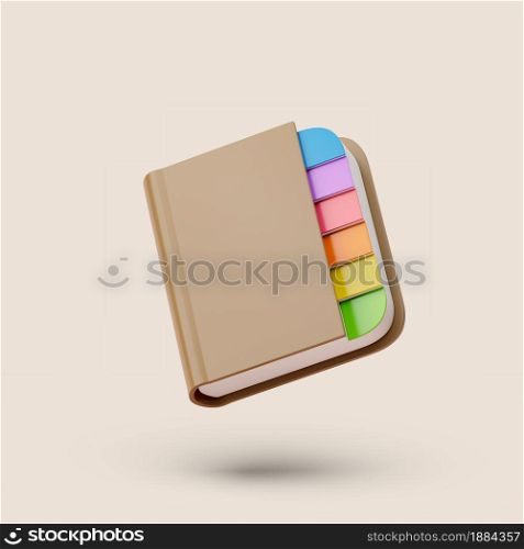Brown Note book with colored labels on pastel background. Simple 3d render illustration. Isolated object with soft shadows. Brown Note book with colored labels on pastel background. Simple 3d render illustration.