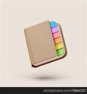 Brown Note book with colored labels on pastel background. Simple 3d render illustration. Isolated object with soft shadows. Brown Note book with colored labels on pastel background. Simple 3d render illustration.