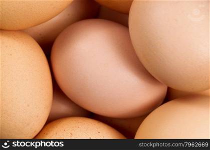 Brown organic fresh eggs in filled frame format. Selective focus on center egg.