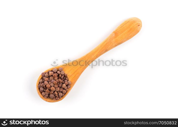 Brown organic lentils in wooden spoon isolated on white background