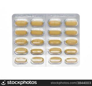 Brown pills blister pack on an isolated background. Brown pills blister pack