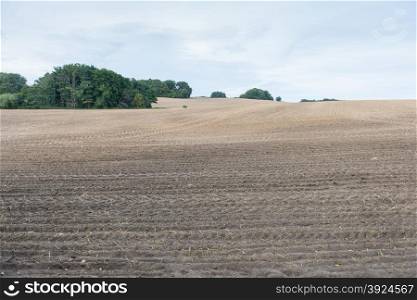 Brown ploughed field under cloudy sky after harvest with hills and forest