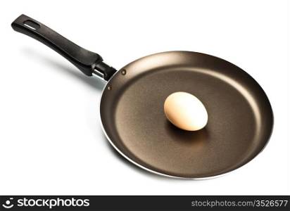 brown raw egg on frying pan isolated on white
