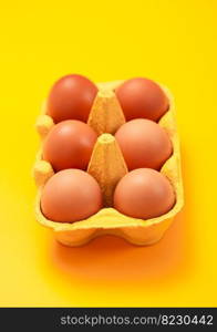 Brown raw organic eggs in paper tray on yellow background.