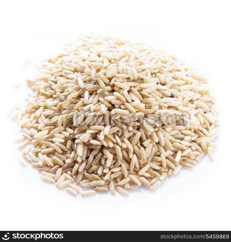 Brown rice heap isolated on a white background