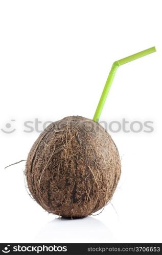 brown round fresh coconut wtih drinking straw on white background