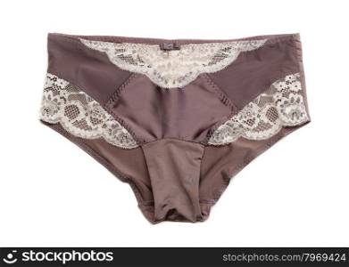 Brown satin panties with lace. Isolate on white.