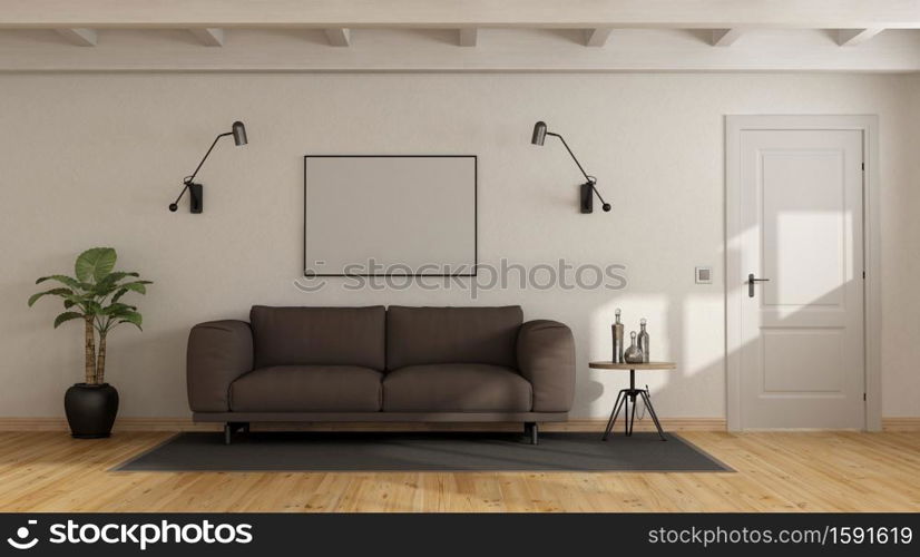Brown sofa in a white interior with wooden roof beams and closed door - 3d rendering. Brown sofa in a white interior