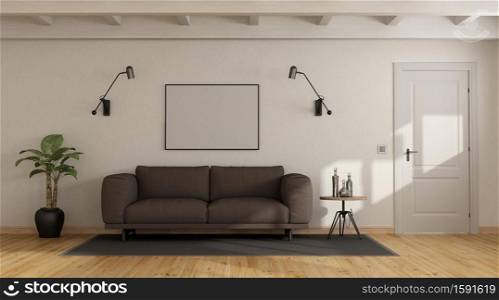 Brown sofa in a white interior with wooden roof beams and closed door - 3d rendering. Brown sofa in a white interior