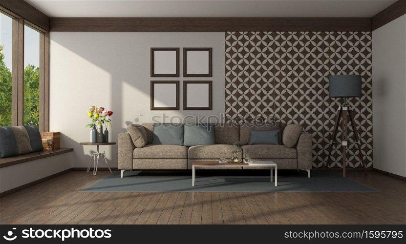 Brown sofa in front of a wall with tiles in a modern living room - 3d rendering. Modern sofa sofa in front of a wall with tiles