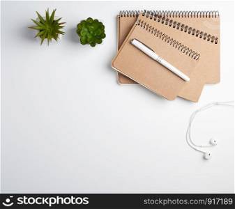 brown spiral notebook with empty sheets, pen and green plants in a pot, white table, workplace, copy space