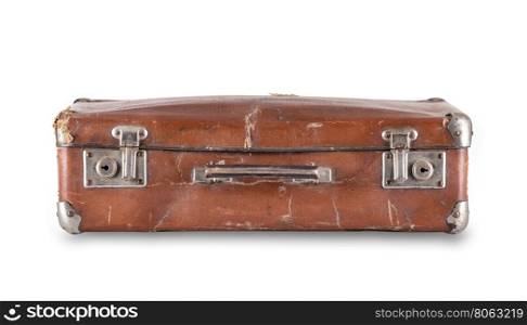 Brown suitcase lying isolated on white background. Brown suitcase lying