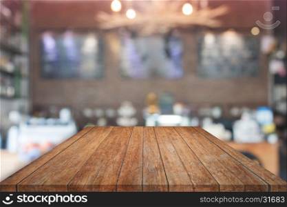 Brown table top with blurred cafe. product display template