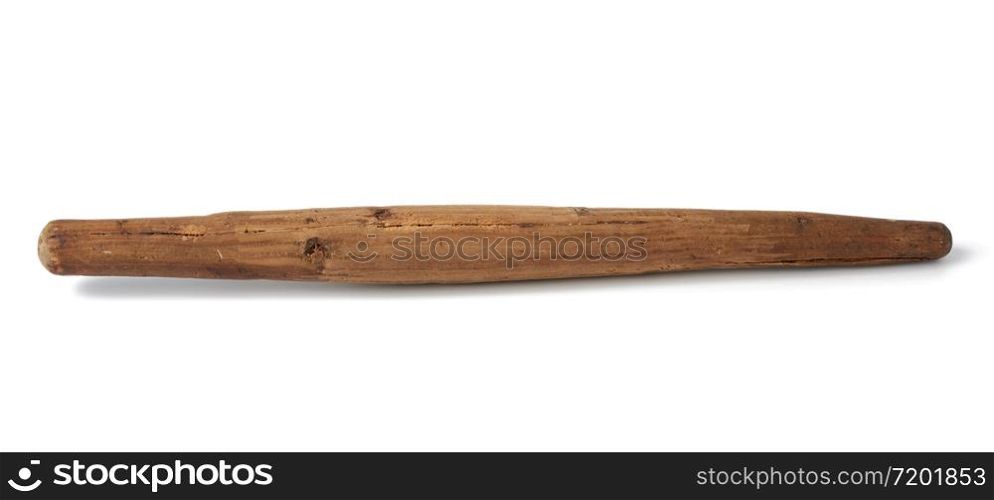 brown vintage wooden rolling pin isolated on white background, old cooking utensils