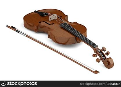 brown violin with bow isolated on white background
