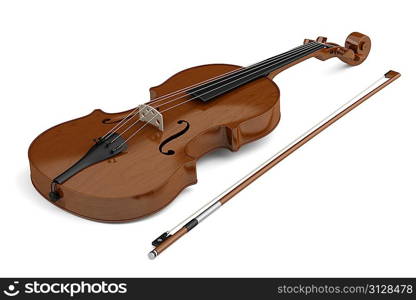 brown violin with bow isolated on white background