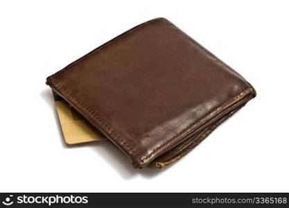 Brown wallet with coins and credit card isolated on white
