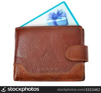 Brown wallet with discount card isolated on white