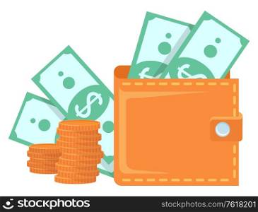 Brown wallet with two banknotes with dollar sign and two stacks of golden coins. Purse full of money, currency and cash equivalents isolated on white vector. Wallet Full of Money, Stack of Gold Coins Vector