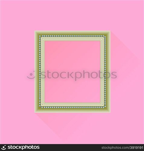 Brown Wooden Frame on Pink Background. Long Shadow.. Wooden Frame