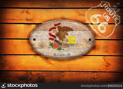 Brown wooden planks with the Illinois flag and shield of Route 66.