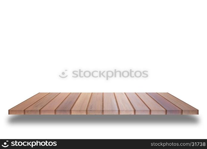 Brown wooden shelf isolated on white background. For product display