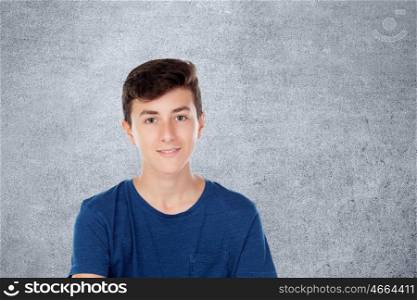 Brown young caucasian guy on blue background