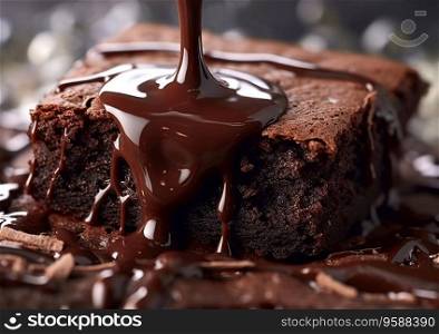 Brownie cake with liquid chocolate topping.AI Generative