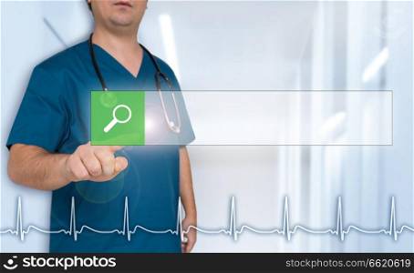 Browser doctor shows on viewer with heart rate concept.. Browser doctor shows on viewer with heart rate concept