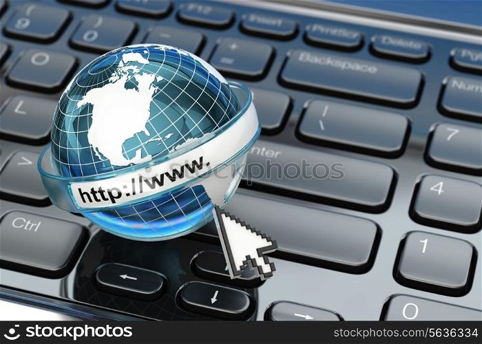 Browser. Internet concept.. Earth on laptop keyboard. 3d