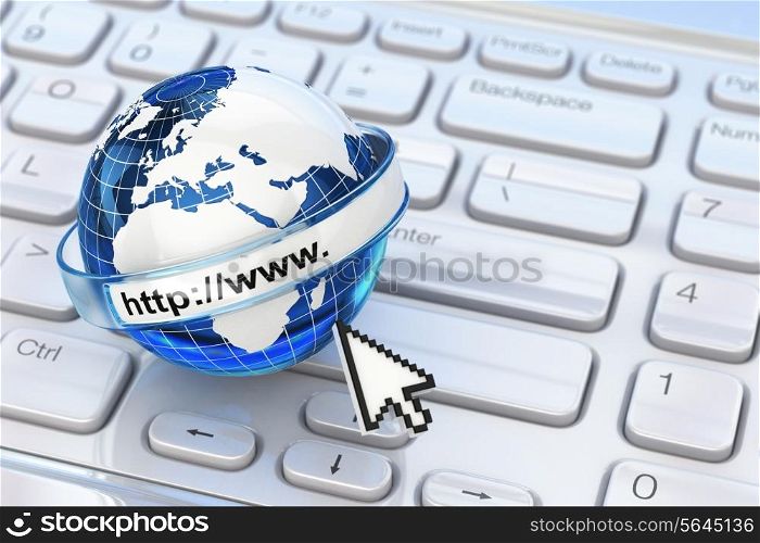 Browser. Internet concept.. Earth on laptop keyboard. 3d