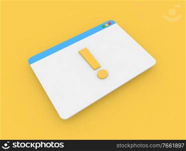 Browser internet page and exclamation mark on yellow background. 3d render illustration.. Browser internet page and exclamation mark on yellow background. 