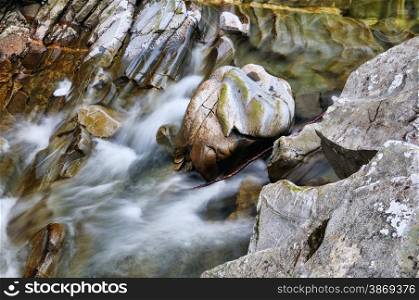 Bruar falls, Highlands, Scotland. Cloudy april day, water stream. Color rocks.