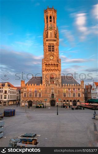 Bruges (Brugge) cityscape with Belfry of Bruges on market square, Flanders, Belgium