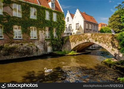 Bruges (Brugge) cityscape with water canal and bridge, Flanders, Belgium
