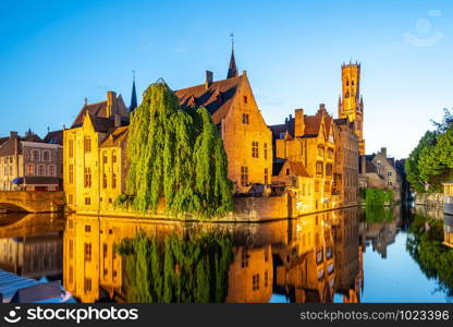 Bruges city skyline at night in Bruges, Belgium.