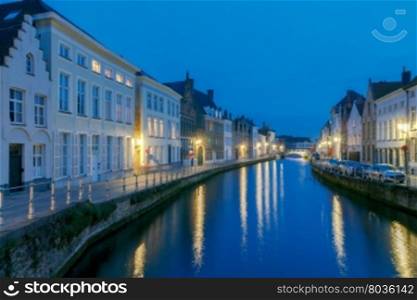 Bruges. Old city.. Canal Spiegel Rei at night. Old quarters Bruges.