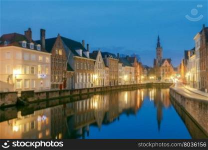 Bruges. Old city.. Canal Spiegel Rei at night. Old quarters Bruges.