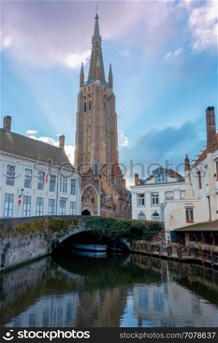 Bruges. The historical center of the city.. Traditional city channels in the historical medieval part of Bruges. Belgium.