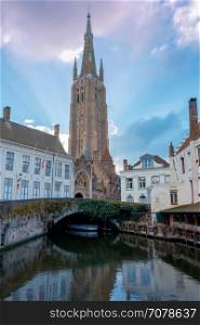 Bruges. The historical center of the city.. Traditional city channels in the historical medieval part of Bruges. Belgium.