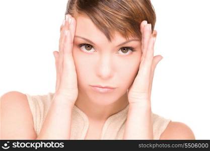 brught picture of unhappy woman over white