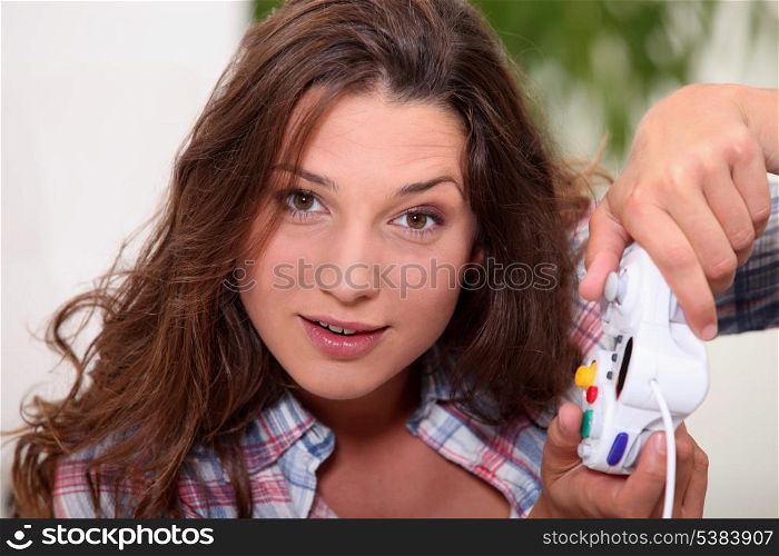 Brunette at home playing video games