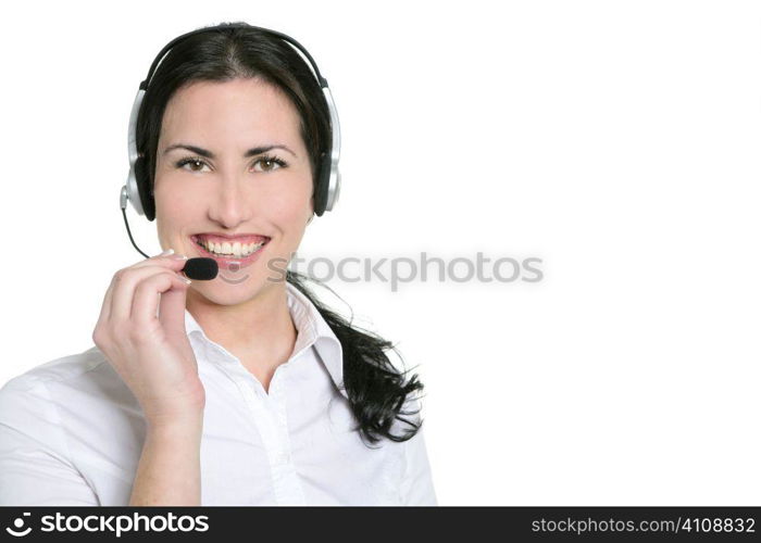 Brunette beautiful businesswoman headset microphone headphots