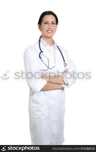 Brunette beautiful woman doctor portrait isolated on white