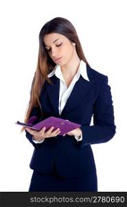 brunette business woman reading ebook tablet pc notebook and blue suit on white