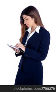 brunette business woman reading ebook tablet pc notebook and blue suit on white