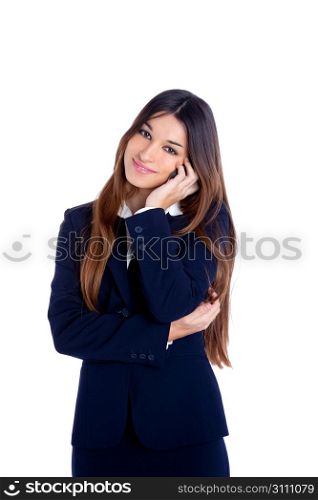 brunette business woman talking mobile phone happy smiling with blue suit on white