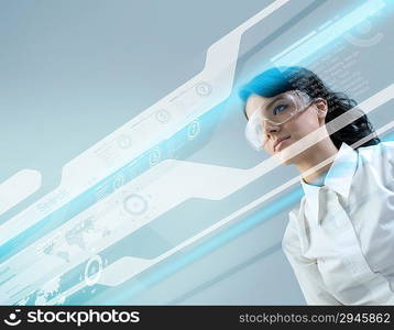 Brunette businesswoman in future - Attractive young adults in futuristic interfaces / interiors series