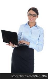 brunette businesswoman with laptop. Isolated on white background